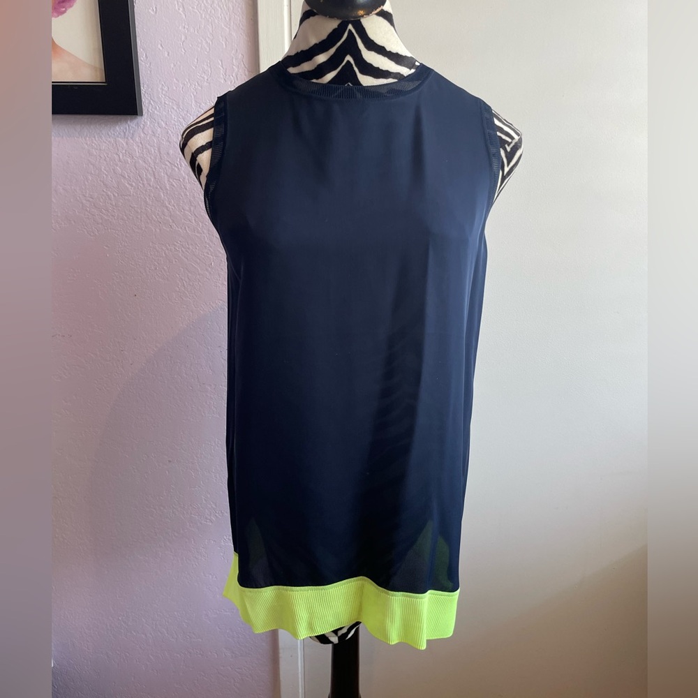 Theory Lewie Silk Tank Top Black/Navy Neon Yellow Hem